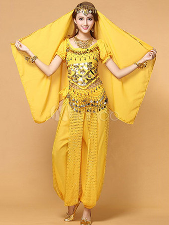 イエローベリーダンス衣装　大人用　ポリエステル　シフォン　女性用　ベリーダンサー　トップス＆ベール＆パンツ　アラビアン 衣装