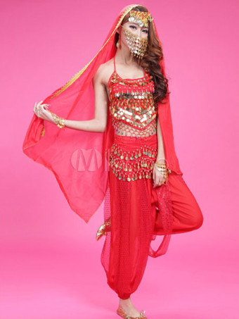 レッドベリーダンス衣装　大人用　ポリエステル　シフォン　女性用　ベリーダンサー　トップス＆ベール＆パンツ