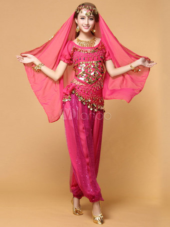 ローズレッドベリーダンス衣装　大人用　ポリエステル　シフォン　女性用　ベリーダンサー　トップス＆ベール＆パンツ　アラビアン 衣装