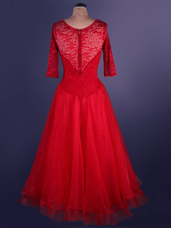 オーガンザボールルームダンスドレス　社交ダンスドレス　レース　パッチワーク　セミシアー　プリーツ　Aライン　ボールルームダンス衣装　2025