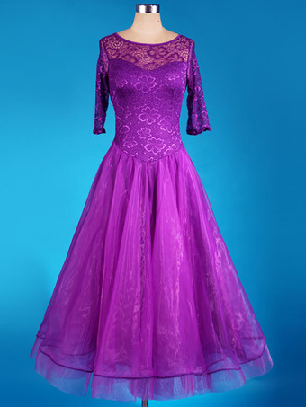 パープル オーガンザボールルームダンスドレス　社交ダンスドレス　レース　パッチワーク　セミシアー　プリーツ　Aライン　ボールルームダンス衣装　2025