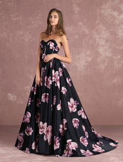 Pageant floral noir Sweatheart sans bretelles longueur Prom robe désossées imprimé chapelle Train robe de Occasion