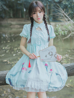 Baby Blue Lolita Dress OP Chiffon Chinese Style Stand Collar Short Sleeve Lotus Printed One Piece Lolita Dress