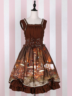 Classic Lolita Dress Steam Castle JSK Ruffles Bowknot Deep Brown Lolita Jumper Skirt