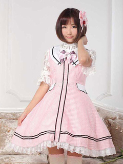 Sweet Lolita Dress Sailors OP Lace Turndown Collar Ruffles Pink One Piece Lolita Dress