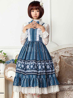 Classic Lolita Dress Gems Snowflakes JSK Lace Layered Ruffles Pleated Ink Blue Lolita Jumper Skirt