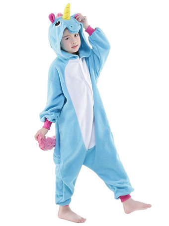 Kigurumi Pajamas Unicorn Onesie Light Sky Blue Flannel Animal Winter Sleepwear For Kids Unisex With Zipper Back Costume Halloween