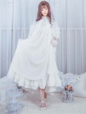 Vestido de Lolita Fiesta del té con escote Ilusión con manga larga Color liso de chifón con volante fruncidoestilo clásico 