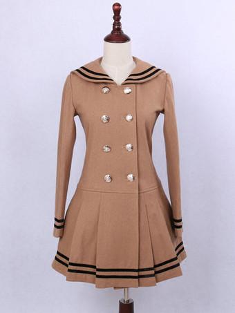 Lolita Coats Coffee Brown Pom Poms Color Block Overcoat Polyester