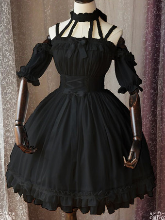 Gothic Lolita OP One Piece Dress Magic Tea Party Ruffles Bows Печатные шифон с короткими рукавами Черные платья Lolita