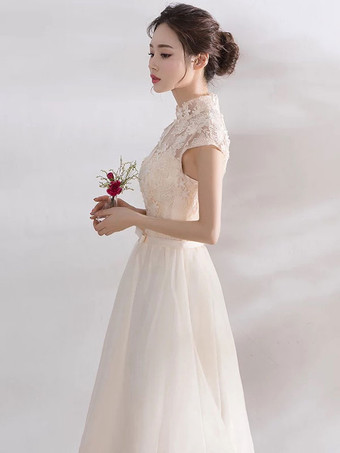 卒業式ドレス ホームカミングドレス パーティードレス フォーマルドレス Aライン アイボリー ファスナー ひざ下 スタンドカラー 半袖