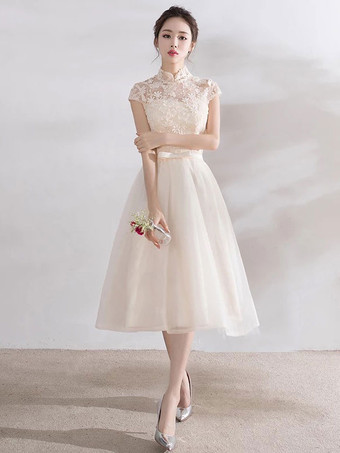 アイボリー卒業式ドレス ホームカミングドレス パーティードレス フォーマルドレス Aライン アイボリー ファスナー ひざ下 スタンドカラー 半袖