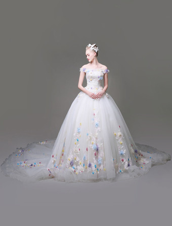 Robes de banquet en dentelle avec fleur princesse col bateau et doublure manches courtes Avec traîne