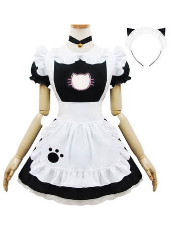 Maid Lolita Outfits Black Puff Sleeve Peter Pan Collar Bows Ruffles OP One Piece Dress With Pleated Apron And Headpieces