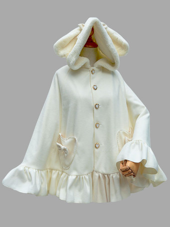 ロリィタケープ　無地　ホワイト　スウィート　フリル　リボン　ウサギ　フェイクファー　お茶会　