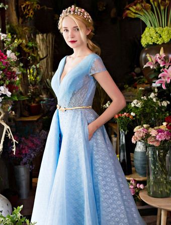 豪華なオケージョンドレス　Aライン　半袖　Vネック　トレーン付き　ベビーブルー　レースアップ　