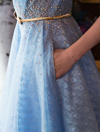 豪華なオケージョンドレス　Aライン　半袖　Vネック　トレーン付き　ベビーブルー　レースアップ　