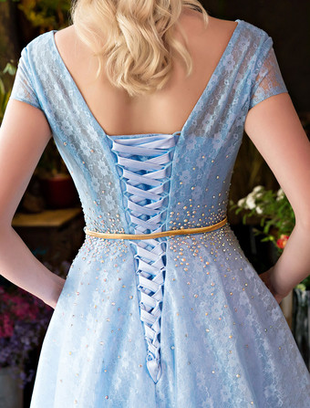 豪華なオケージョンドレス　Aライン　半袖　Vネック　トレーン付き　ベビーブルー　レースアップ　