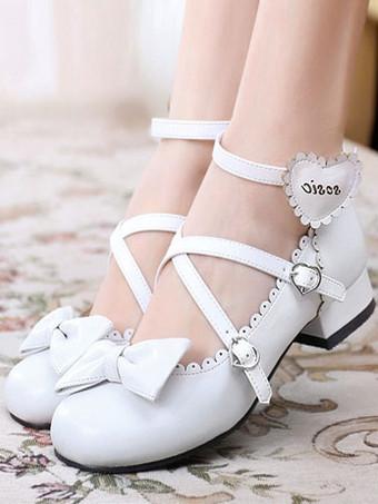 Sweet Lolita Shoes Round Toe Chunky Heel Bows Cross Cross White