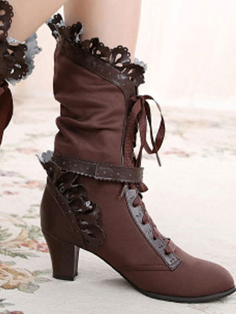 ディープブラウンロリータブーツ　PU　丸いつま先　プリズムヒール　