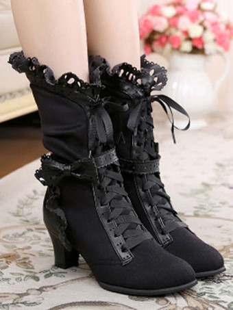 ブラック ロリータブーツ　PU　丸いつま先　プリズムヒール　