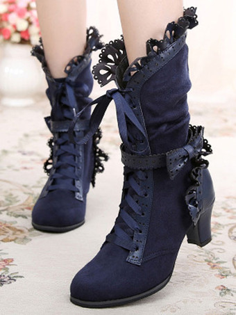 ダークネイビーロリータブーツ　PU　丸いつま先　プリズムヒール　