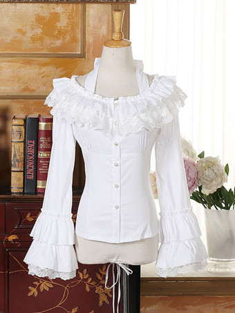ロリィタブラウス　ホワイト　無地　長袖　シフォン　ロココ調　スクープネック　