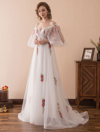 パーティードレス　アイボリー　Aライン　オーガンザ　五分袖　ボートネック　レースアップ　トレーン付き　