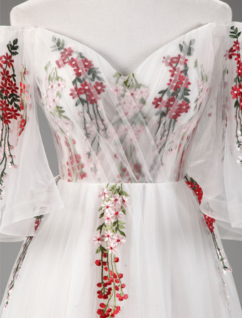 パーティードレス　アイボリー　Aライン　オーガンザ　五分袖　ボートネック　レースアップ　トレーン付き　