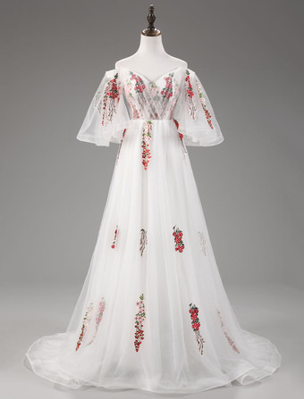 パーティードレス　アイボリー　Aライン　オーガンザ　五分袖　ボートネック　レースアップ　トレーン付き　