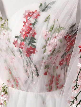 パーティードレス　アイボリー　Aライン　オーガンザ　五分袖　ボートネック　レースアップ　トレーン付き　