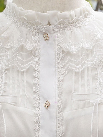 クラシックロリータブラウスレースフリルロングスリーブスタンドカラーホワイトロリータトップ