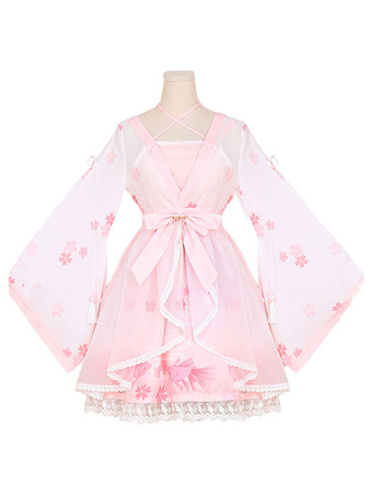 Hanfu Lolita Outfits OP Abito di un pezzo Chiffon Morbido rosa manica lunga Increspature Copricostume stampato con gonna JSK