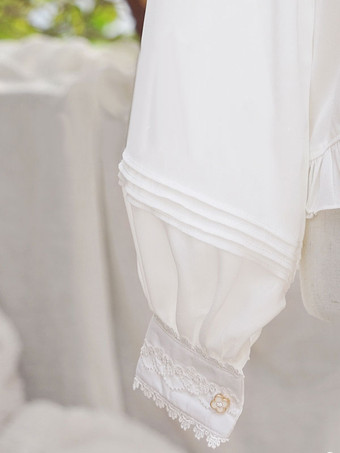 クラシックロリータブラウスレースフリルロングスリーブスタンドカラーホワイトロリータトップ