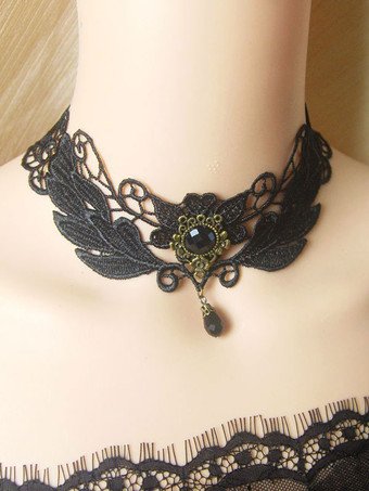 ゴシックロリータチョーカーレースジェムズブラックロリータネックレス