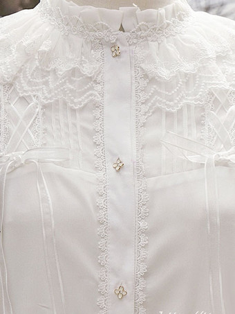 クラシックロリータブラウスレースフリルロングスリーブスタンドカラーホワイトロリータトップ