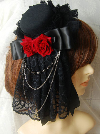 Gothic Lolita tocado encaje volante arco Floral cadena metálica dos tonos Lolita accesorio para el cabello