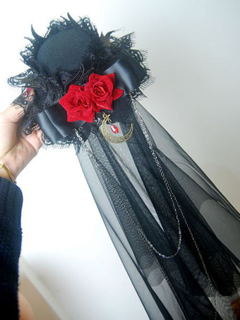 Готическая лолита Lilita Veil Tulle Lace Trim Hat Цветочный двухцветный лук Черный головной убор Lolita
