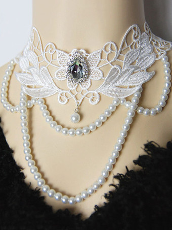 Süße Lolita Halskette im klassischen & traditionellen Style Accessoires mit Farbblock und Perlen in Weiß Tea party mit Halskette 
