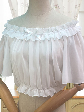Blusa de Lolita para informal decote V doce com mangas de 1/2 de Chiffon cor sólida top tops 