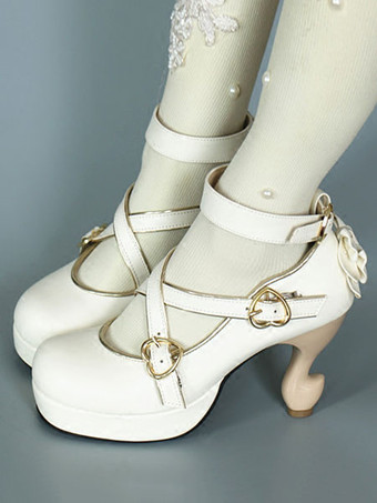 Lolita sapatos Festa de Chá 3.1" com laço dedo do pé quadrado PU de PU brancos 