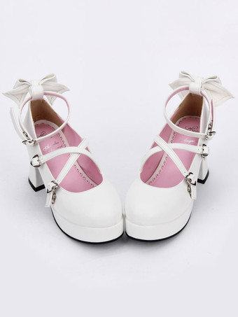 Süße Lolita Schuhe Bow Strappy Round Toe Plattform Weiß Lolita Heels