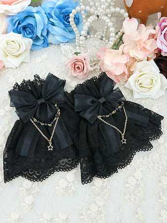 ブラック ロリータリストバンドリボンボウメタルディテールレースロリータオーバースリーブ スウィート