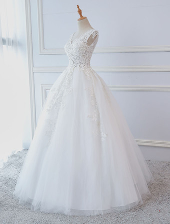 Brautkleider Prinzessin Prinzessin Brautkleider ärmellos Hochzeit V-Ausschnitt Brautkleider Tüll Elfenbeinfarbe Organza bodenlang mit Schnürung