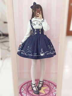Sailor Lolita Dress Set Print Ribbon Button Dark Navy Lolita Dress With Cotton Blouse