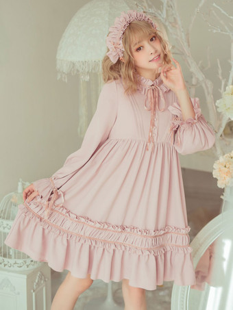 Schweinchen RosaKlassische Lolita Einteiliges Kleid Einfarbig Langarm Vintage Lolita Einteiliges Kleid