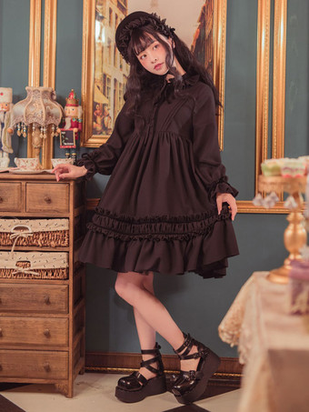 Klassische Lolita Einteiliges Kleid Einfarbig Langarm Vintage Lolita Einteiliges Kleid