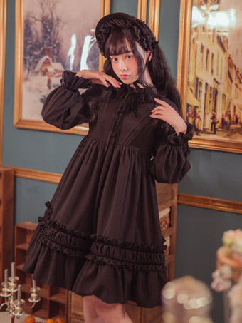 SchwarzKlassische Lolita Einteiliges Kleid Einfarbig Langarm Vintage Lolita Einteiliges Kleid