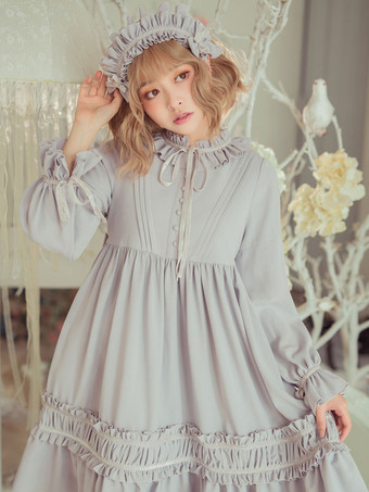 GrauKlassische Lolita Einteiliges Kleid Einfarbig Langarm Vintage Lolita Einteiliges Kleid