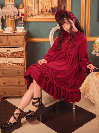 Burgunderrot Klassische Lolita Einteiliges Kleid Einfarbig Langarm Vintage Lolita Einteiliges Kleid